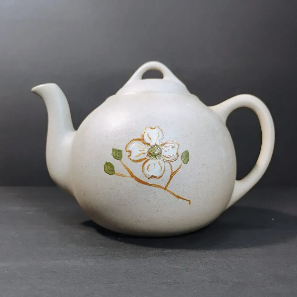Vtg Pigeon Forge Pottery Coffee Tea Pot & Sugar Bowl Set Enamel Dogwood Flower